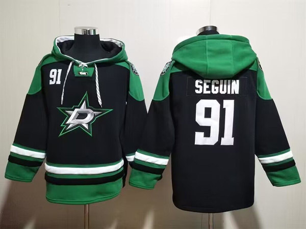 Men's Dallas Stars #91 Tyler Seguin Black Green Lace-Up Pullover Hoodie - Click Image to Close